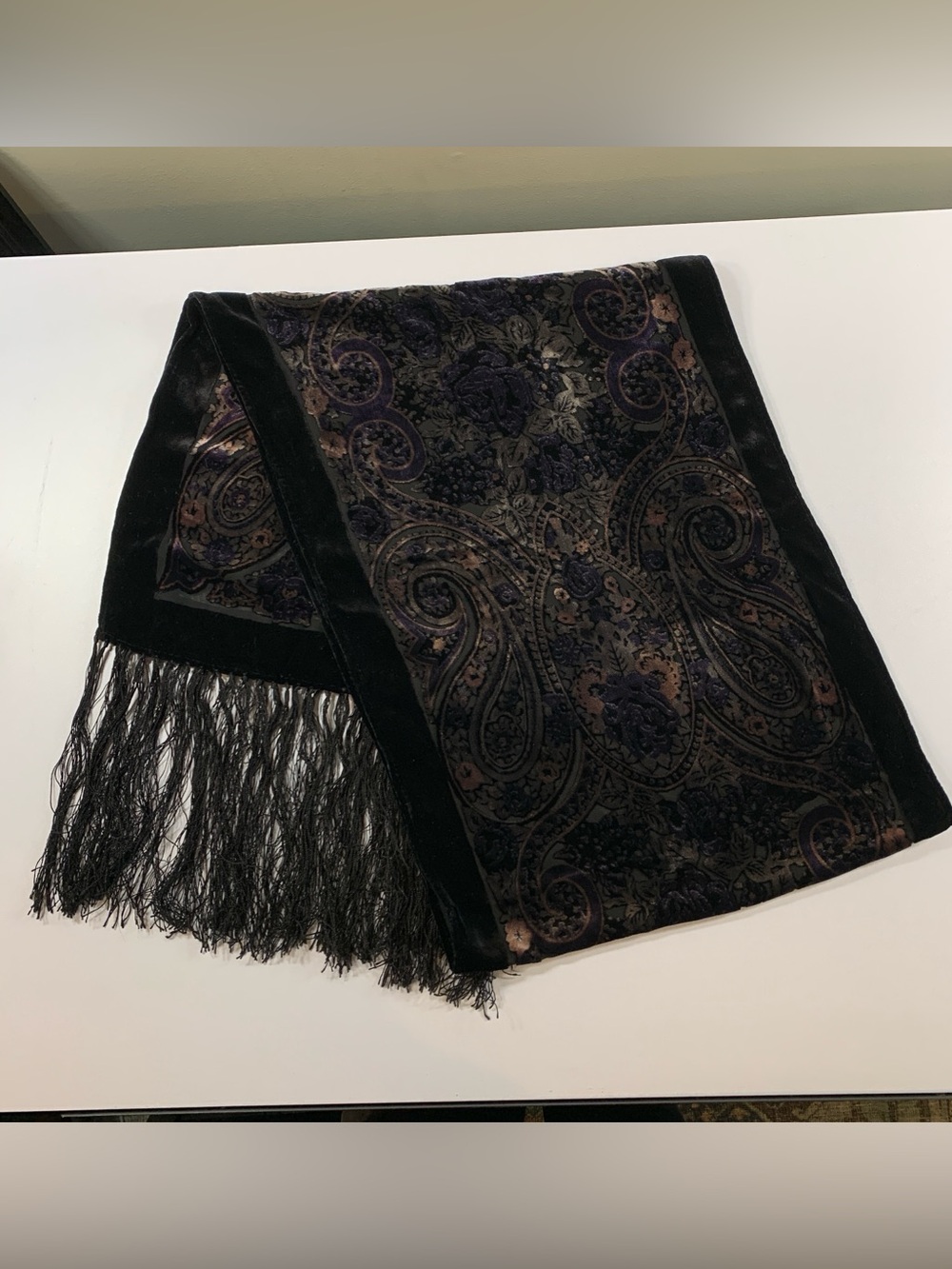 Black Velvet Burnout Scarf Fringe Purple Floral Damask Witchy Whimsigoth 90s Y2K